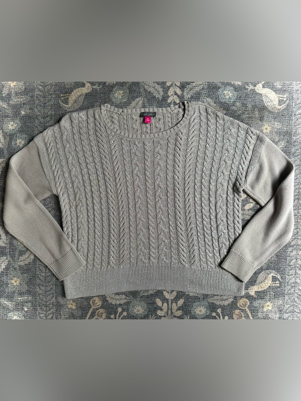 Vince Camuto Gray Metallic Silver Cable Knit Crew Neck Sweater Sz M